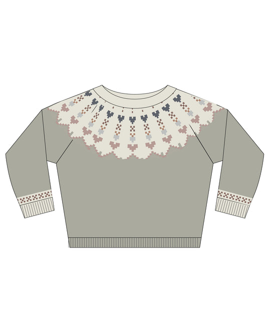 Women's sage Fair Isle sweater by Rylee & Cru featuring a cozy knit pattern and ribbed cuffs on a neutral background.