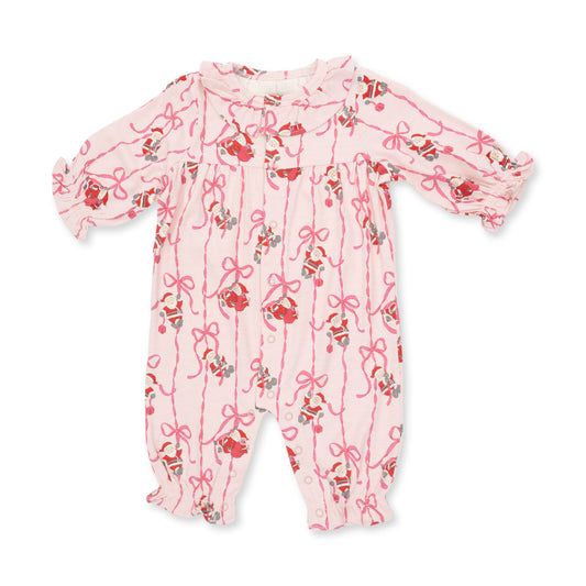 Bows and Santa Long Sleeve Ruffle Collar Romper