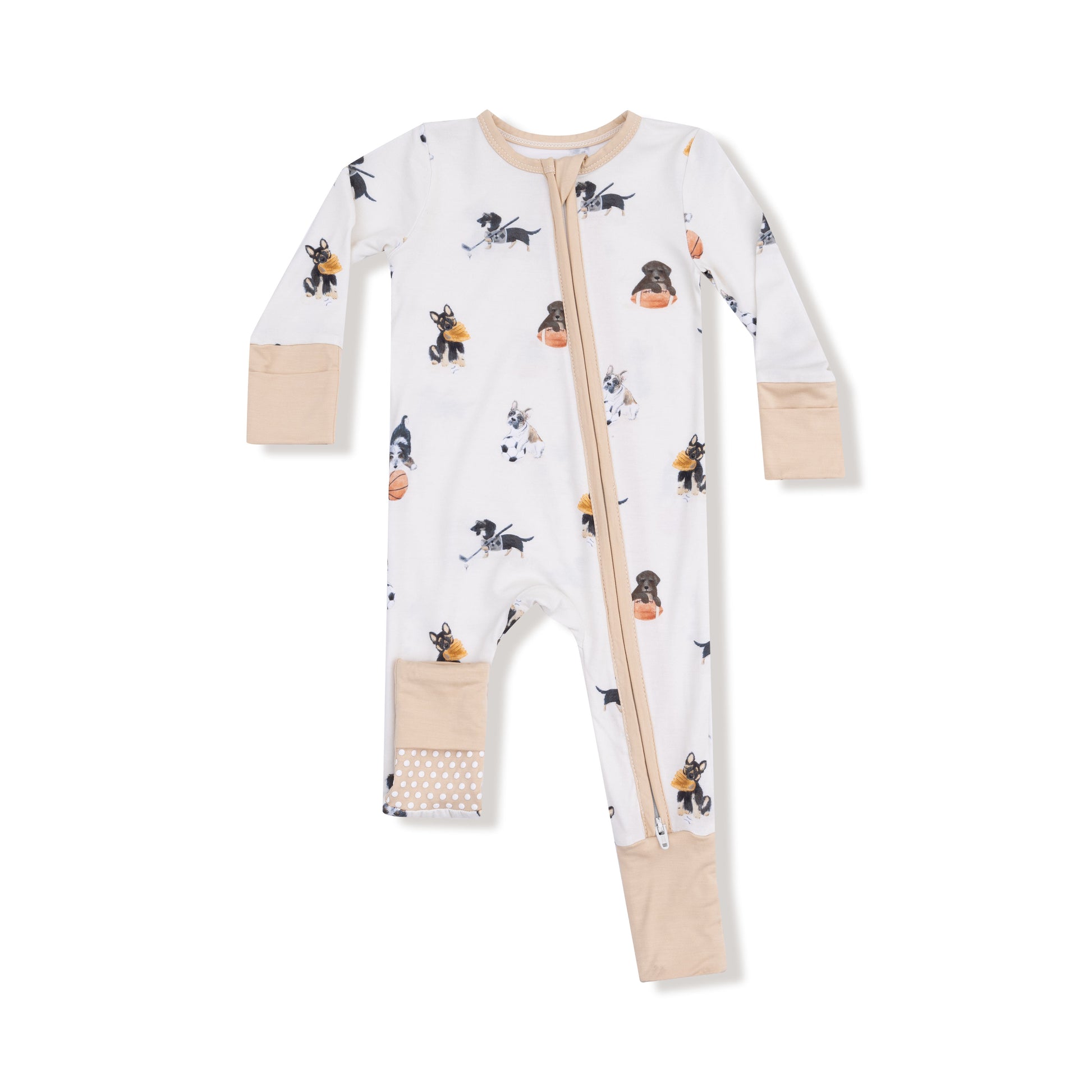Angel Dear Sporty Puppies zip romper for babies, featuring playful puppy print and soft fabric for comfortable wear.