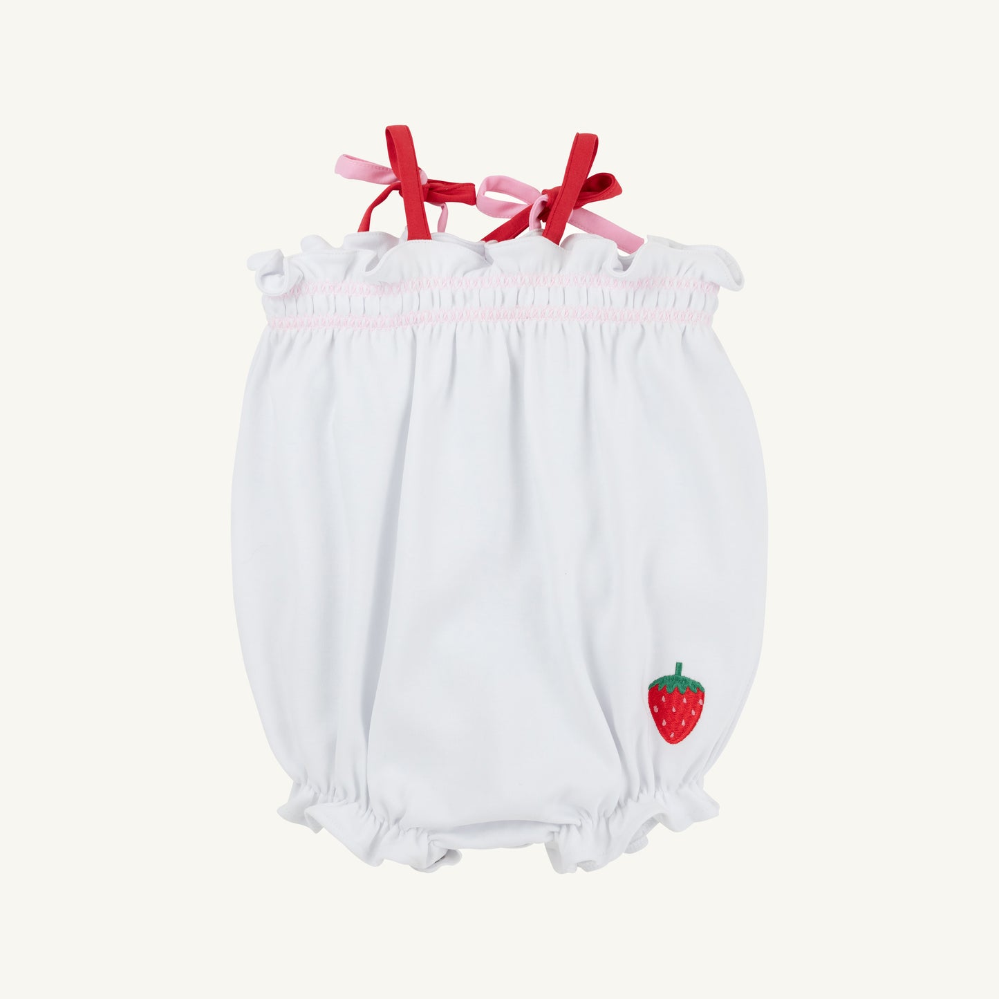 The Beaufort Bonnet Company Rosey Romper in Worth Ave White, Pier Party Pink, and Richmond Red with floral pattern for babies.