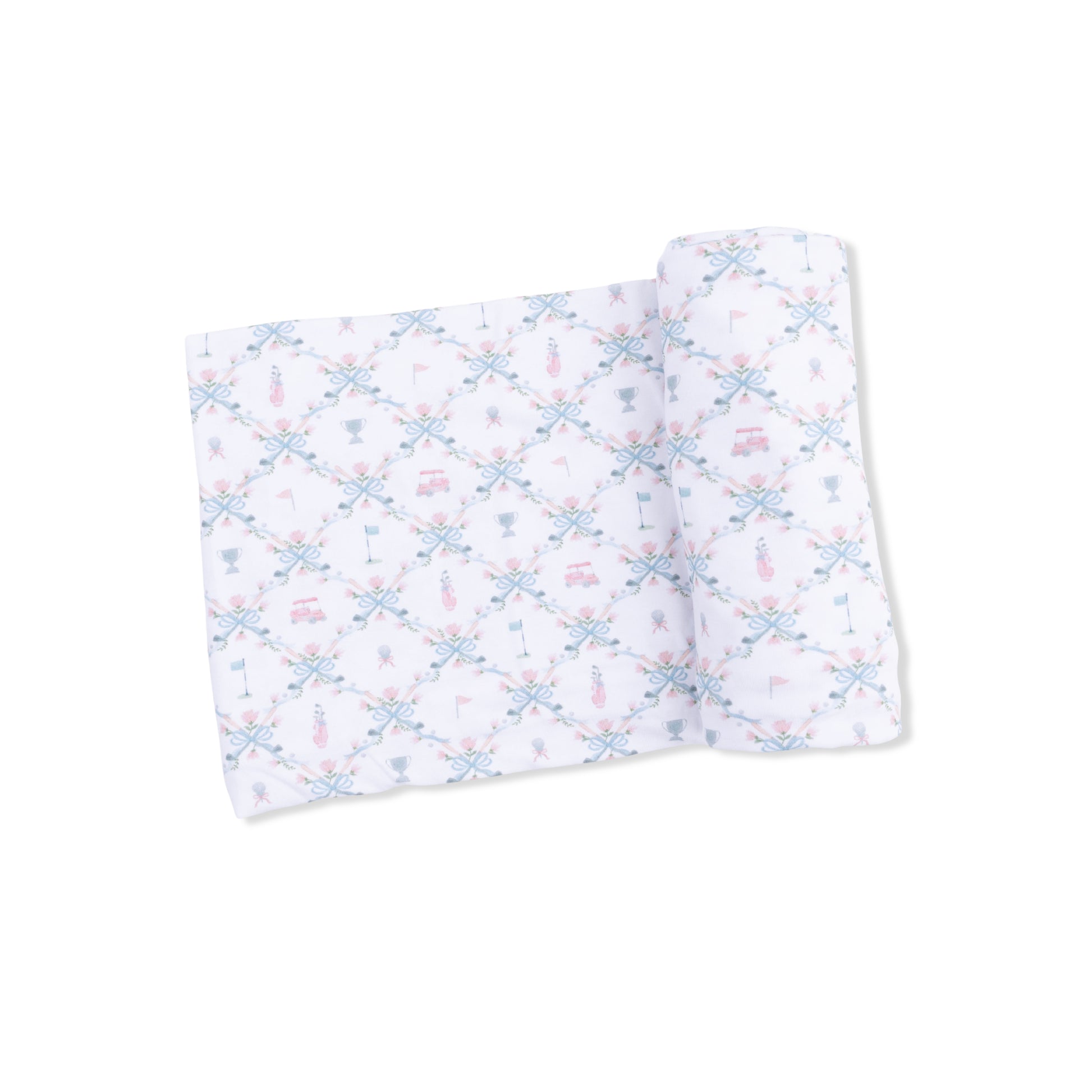 Pink Angel Dear golf trellis swaddle blanket spread out, showing soft fabric and delicate pink pattern for infants.