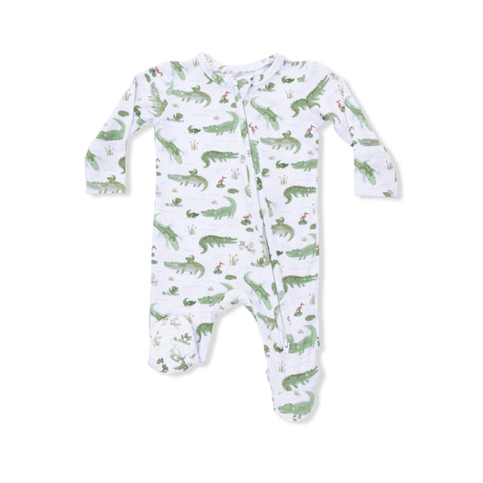 Angel Dear Crayon Alligators 2-Way Zipper Footie for babies, featuring colorful alligator design and comfortable fabric.