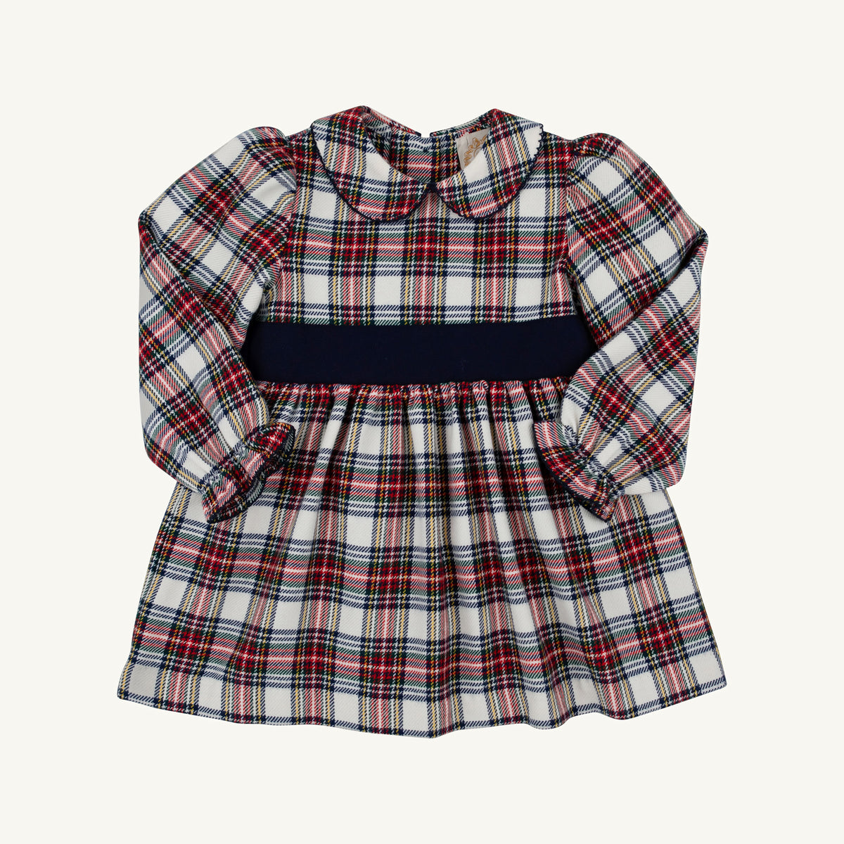 Long sleeve Cindy Lou Sash Dress in Paris Pike plaid and Nantucket Navy by The Beaufort Bonnet Company, displayed on a child.