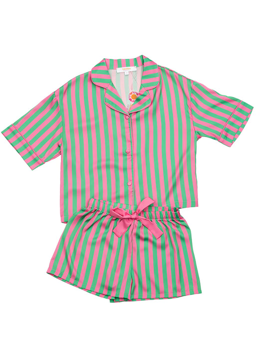 Sunshine Society silky watermelon short sleeve short set featuring a vibrant watermelon print and comfortable fabric.