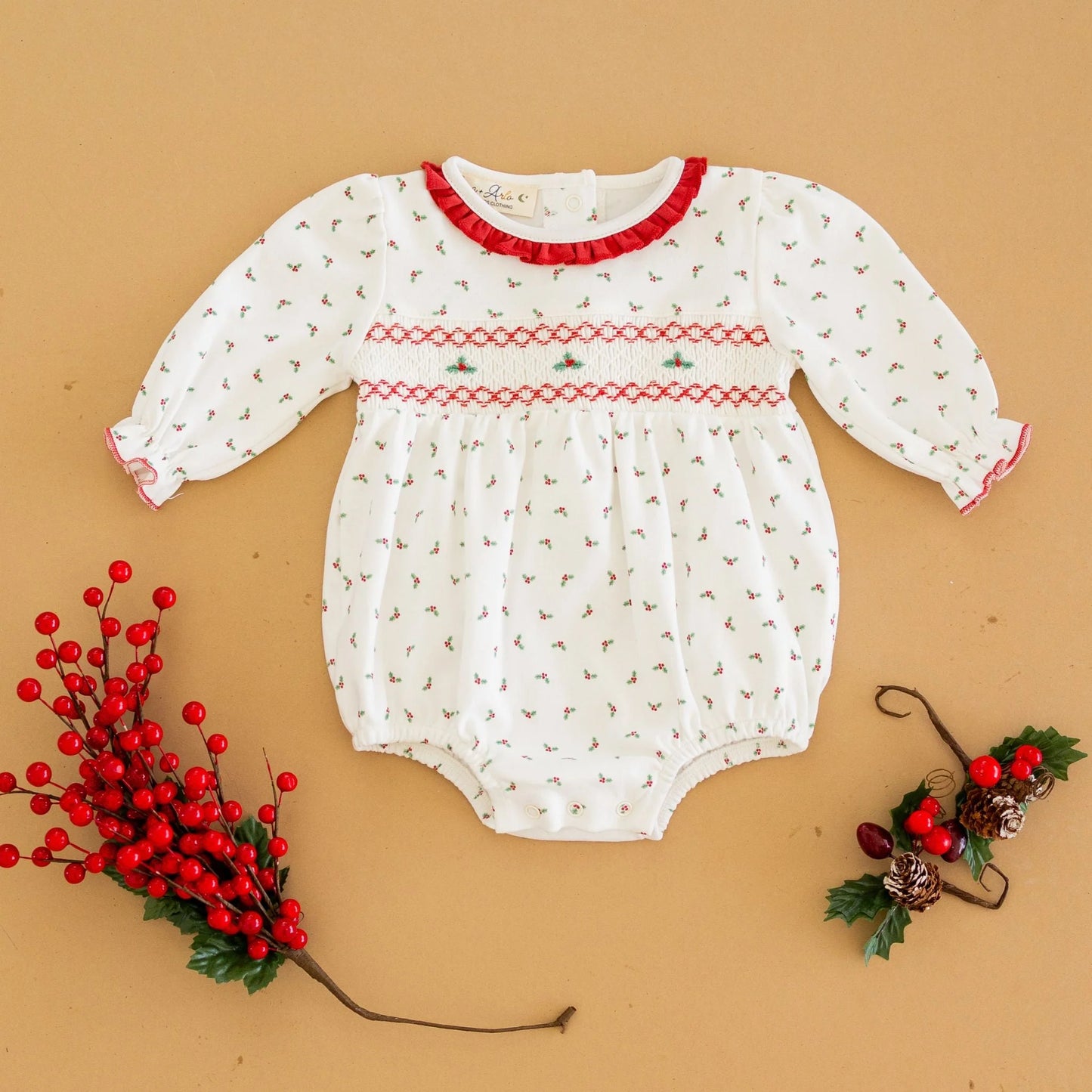 Winter Berries Ivory Smocked L/S Bubble