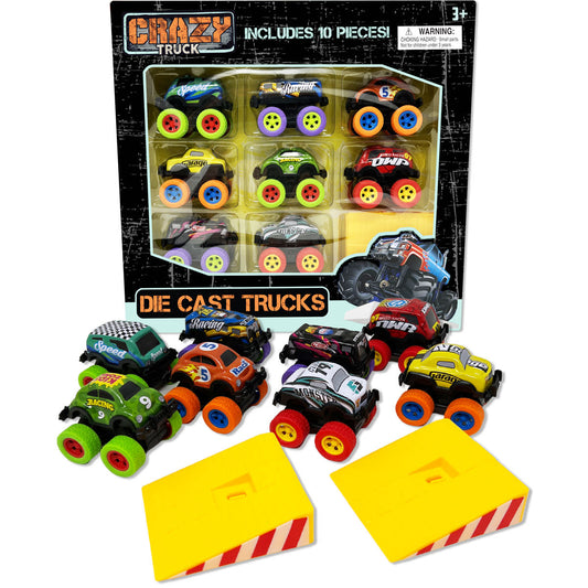 Set of 10 die cast pull-back toy trucks by Thin Air Brands, featuring colorful miniature trucks for kids.