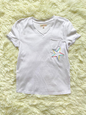 Paper Flower - Twisted Sleeve Slouchy Pocket Tee with Rainbow Embroidery Star