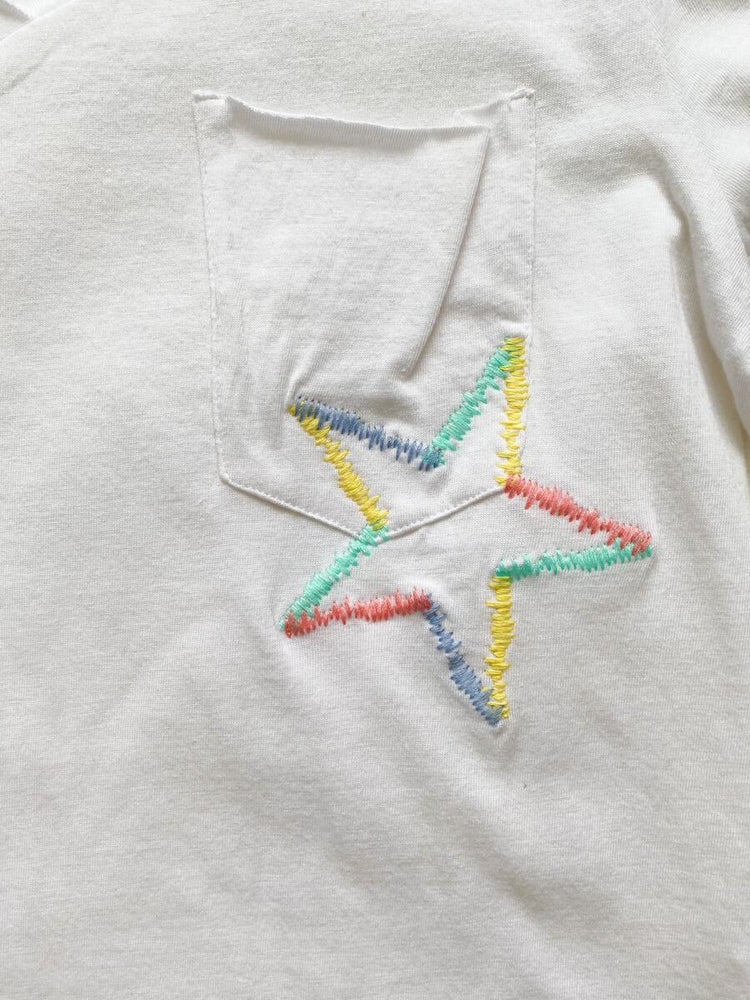 
            
                Load image into Gallery viewer, Paper Flower - Twisted Sleeve Slouchy Pocket Tee with Rainbow Embroidery Star
            
        
