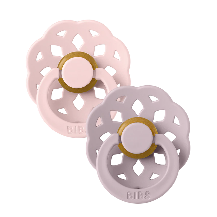 BIBS Pacifier Boheme Latex 2-pack with Blossom and Dusty Lilac colors, featuring natural latex nipple and colorful silicone shield.