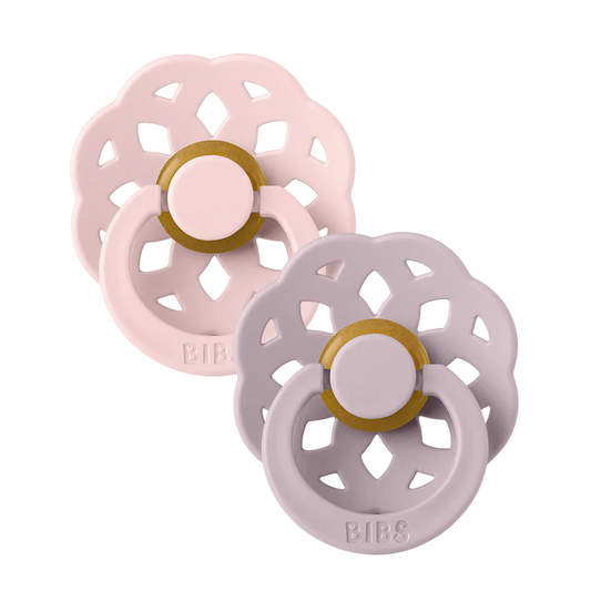 BIBS Pacifier Boheme Latex 2-pack with Blossom and Dusty Lilac colors, featuring natural latex nipple and colorful silicone shield.