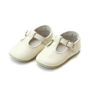 L'AMOUR - Beige Evie Napa Leather Girls T-Strap Mary Jane Crib Shoe (Infant)