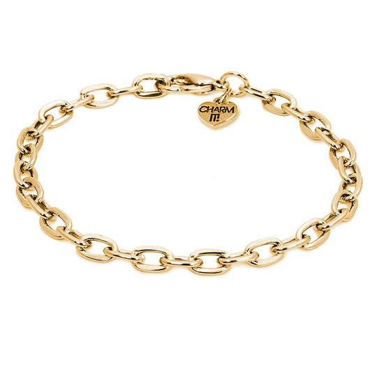 Gold chain bracelet by Charm It featuring a delicate, polished gold link design on a neutral background.