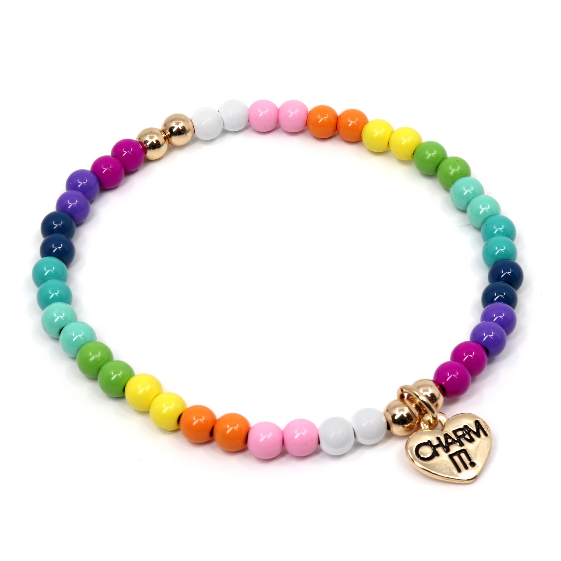 Rainbow bead stretch bracelet by Charm It featuring colorful beads on a stretchy elastic band.