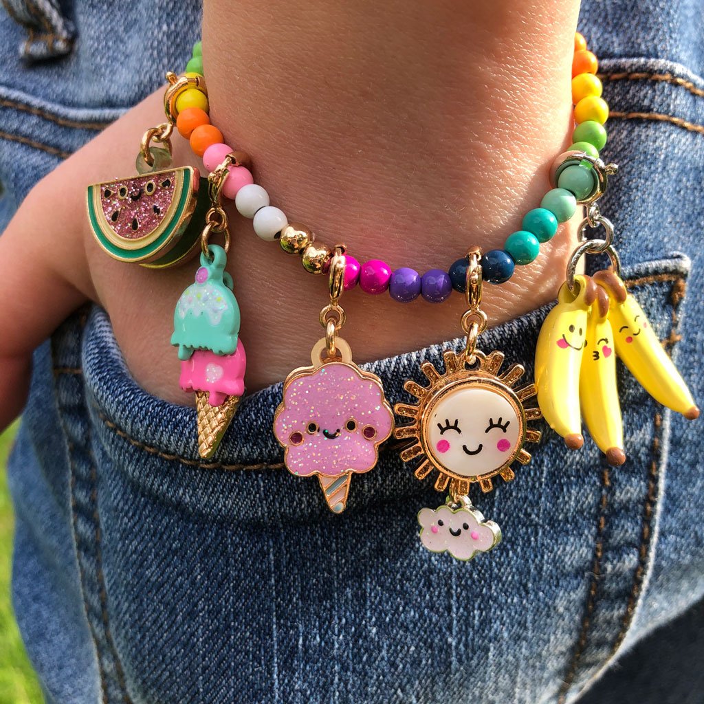 Colorful rainbow bead stretch bracelet by Charm It featuring vibrant beads on a flexible elastic band.