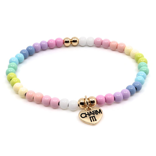 Pastel-colored Charm It! 4mm stretch bead bracelet with small round beads on a clear elastic band.