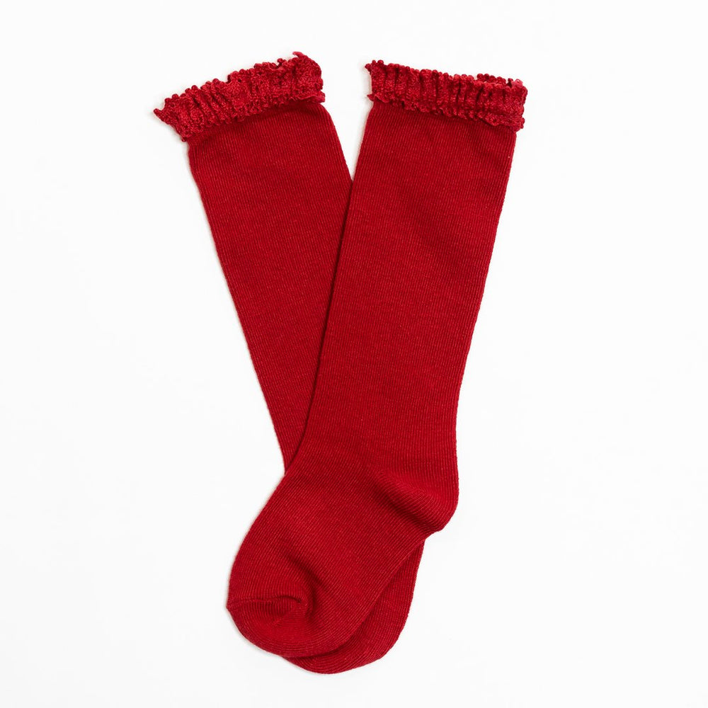 Little Stocking Co. - Cherry (True Red) Lace Top Knee Highs