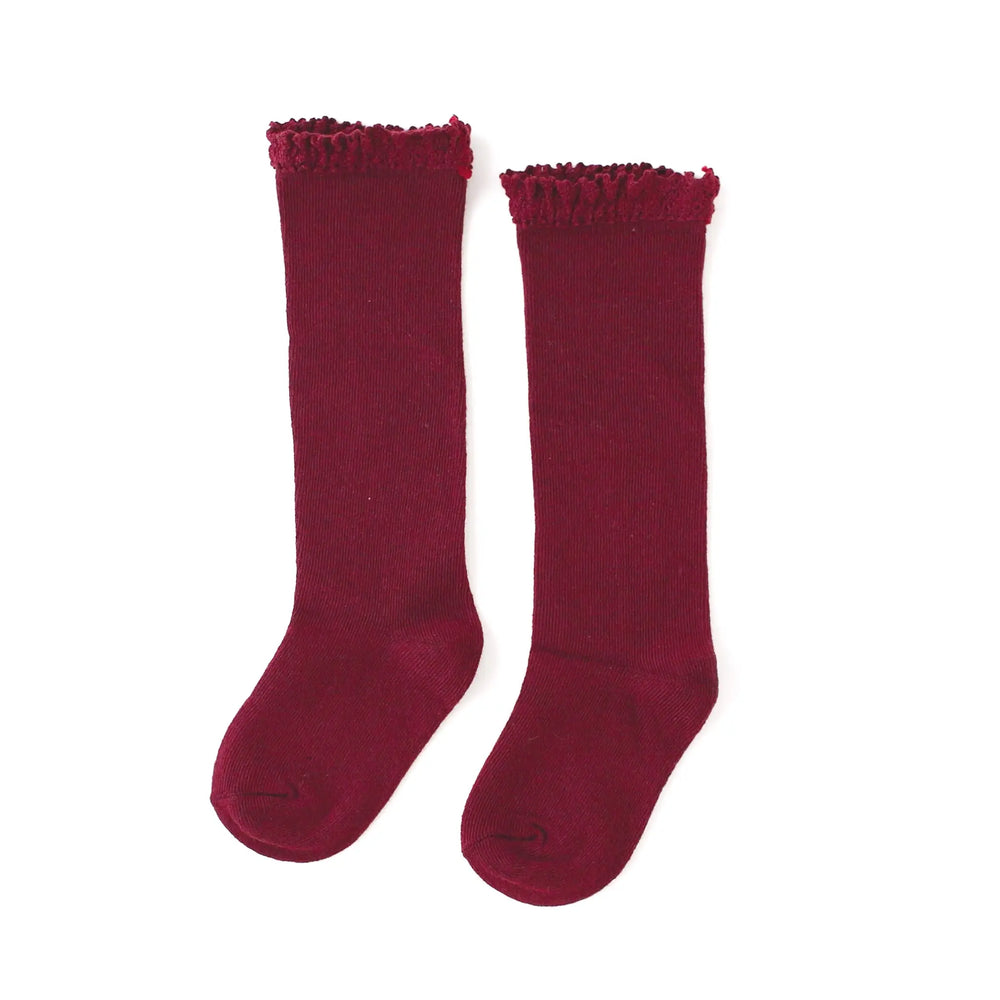 
            
                Load image into Gallery viewer, Little Stocking Co. - Crimson Lace Top Knee High Socks
            
        