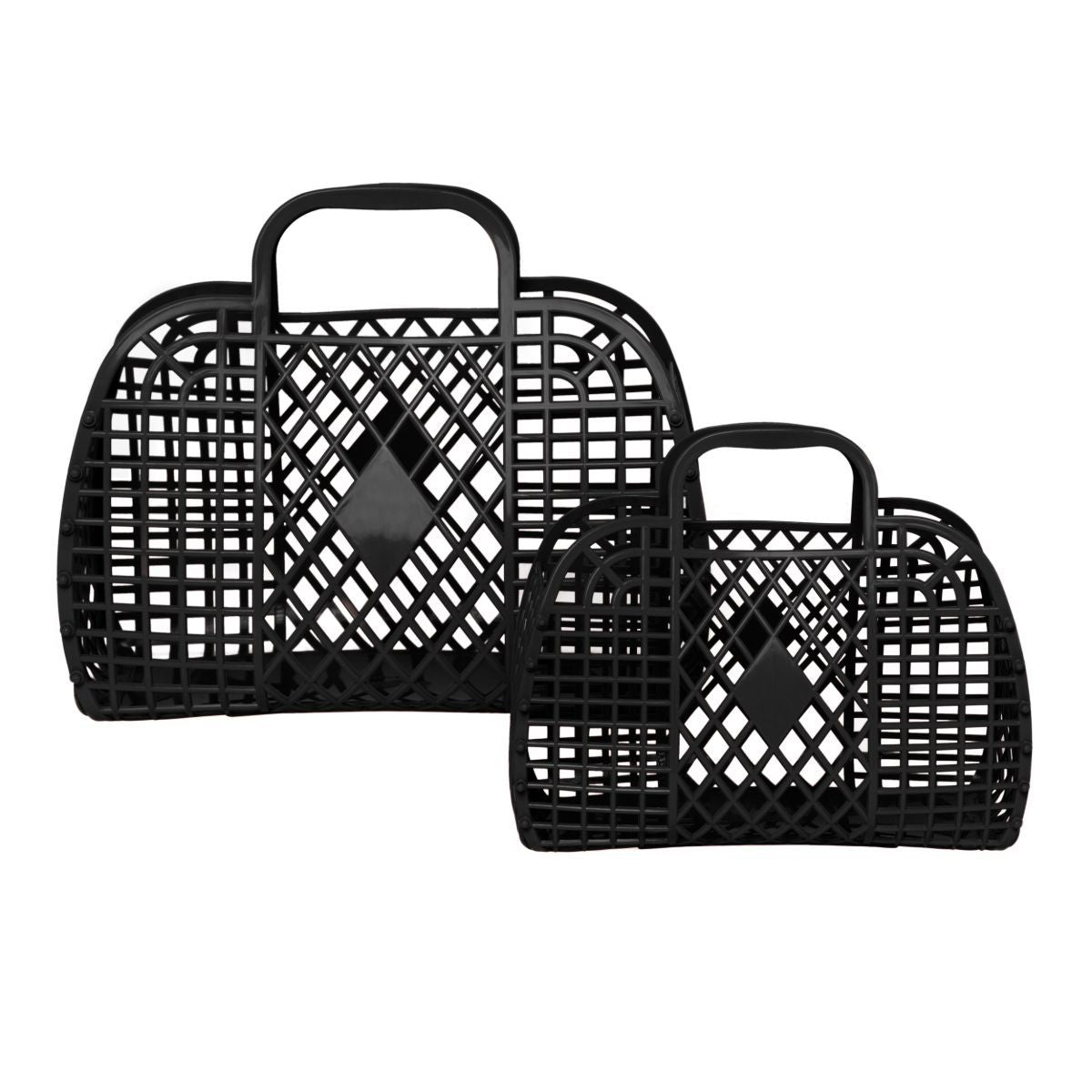 Small black retro Sun Jellies basket from Sweet E's Boutique with a woven design and compact shape.