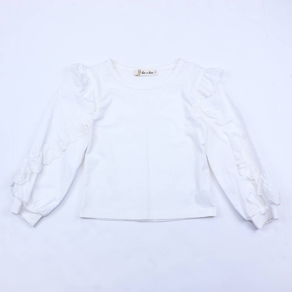 
            
                Load image into Gallery viewer, doe a dear - White Woven Ruffle Top
            
        
