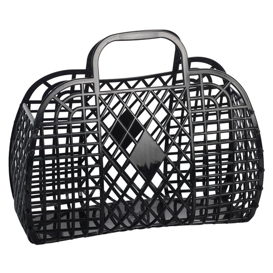 Large retro black basket from Sun Jellies, featuring a woven design and sturdy handles, perfect for storage and organization.