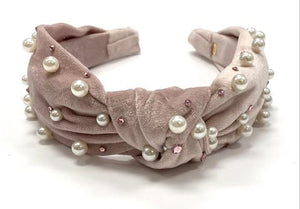 Bari Lynn - Velour Twist Knot Headband with Pearls & Swarovski Crystals