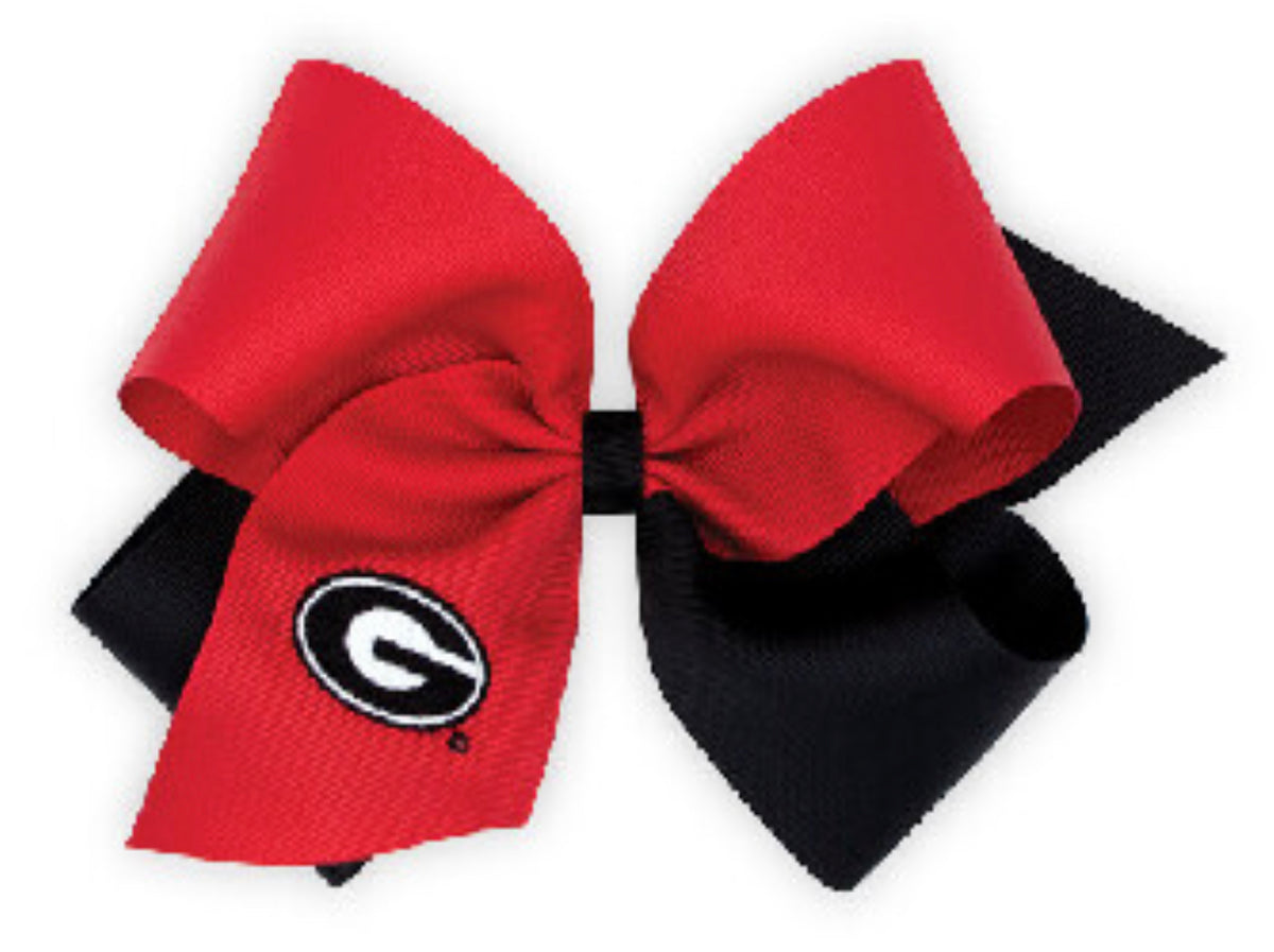 Embroidered Wee Ones team bow in various colors, featuring detailed team logo on a soft fabric hair accessory for kids.