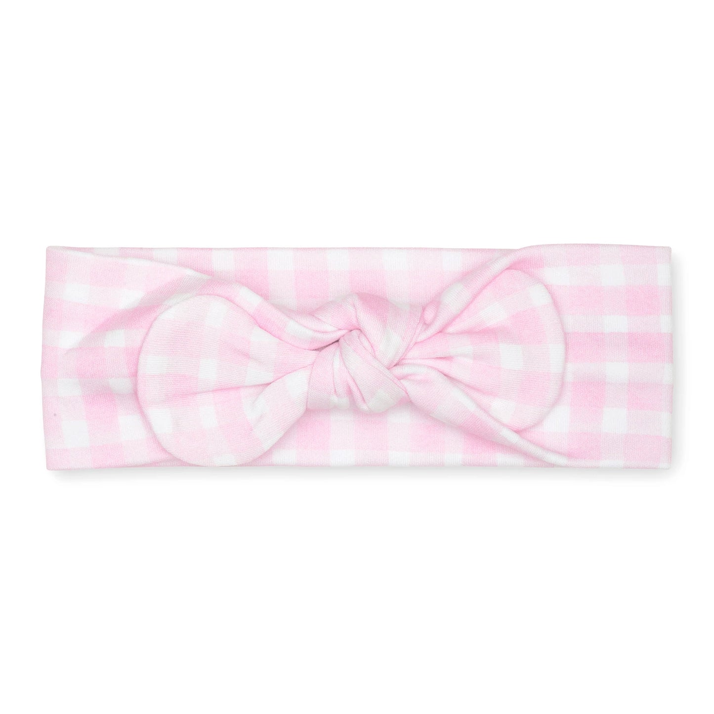 Pink gingham headband with a lavender bow, made by Lavender Bow, perfect for adding a charming touch to any outfit.