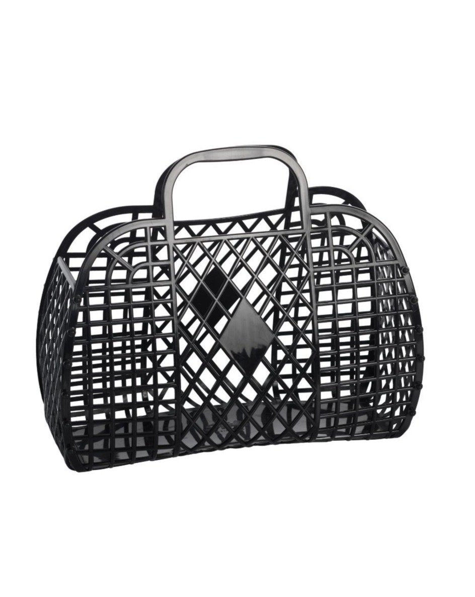 Small vintage-style black Sun Jellies basket with retro design, featuring a woven texture and handle for carrying.