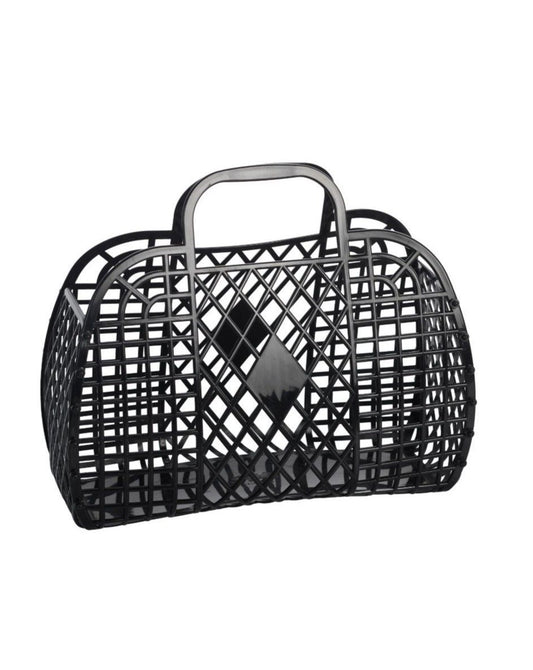 Small black retro Sun Jellies basket with rounded handle and woven design, featuring the Sun Jellies logo on the front.